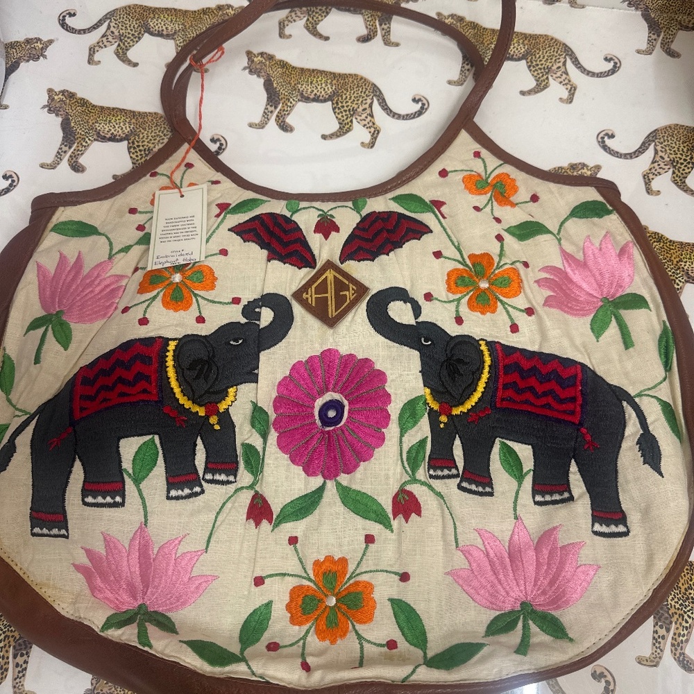 NWT Kage hand embroidered tote bag with leather trim